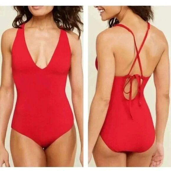 Andie Swim Bali One Piece
Cherry Red Deep Plunge Padded Swimming Suit MT # 1440 - Picture 1 of 11